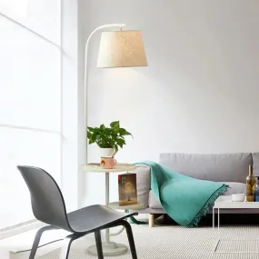 Modern White Arced Floor Lamp with Barrel Fabric Shade - Single Living Room Stand Desk Light
