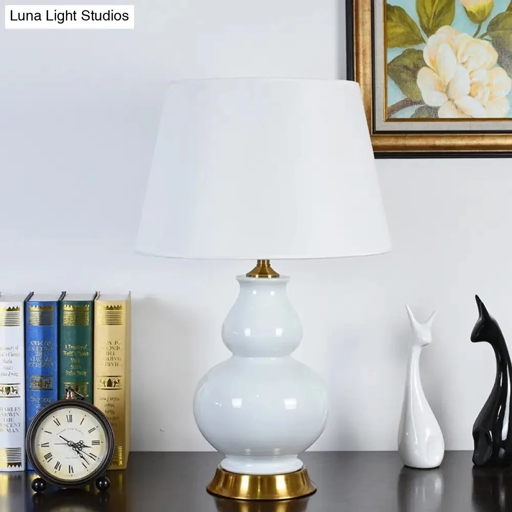 Modern White Drum Table Lamp with Fabric Shade - 1 Bulb Desk Light