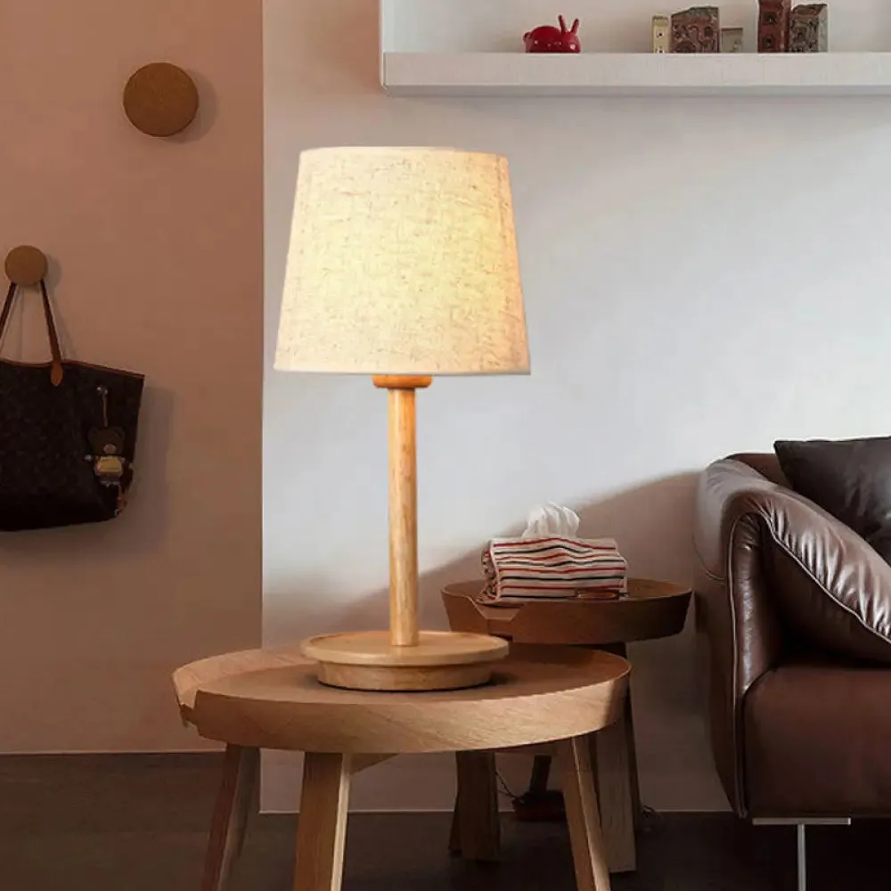 Modern White Fabric Desk Lamp with Wood Base - Tapered Design, 1 Bulb - Night Table Light