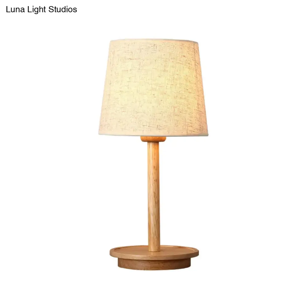 Modern White Fabric Desk Lamp with Wood Base - Tapered Design, 1 Bulb - Night Table Light