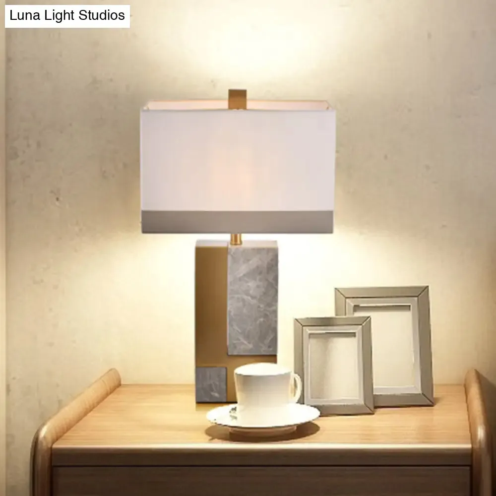 Modern White Night Table Lamp - Rectangle Fabric Shade, 1 Head Study Desk Light