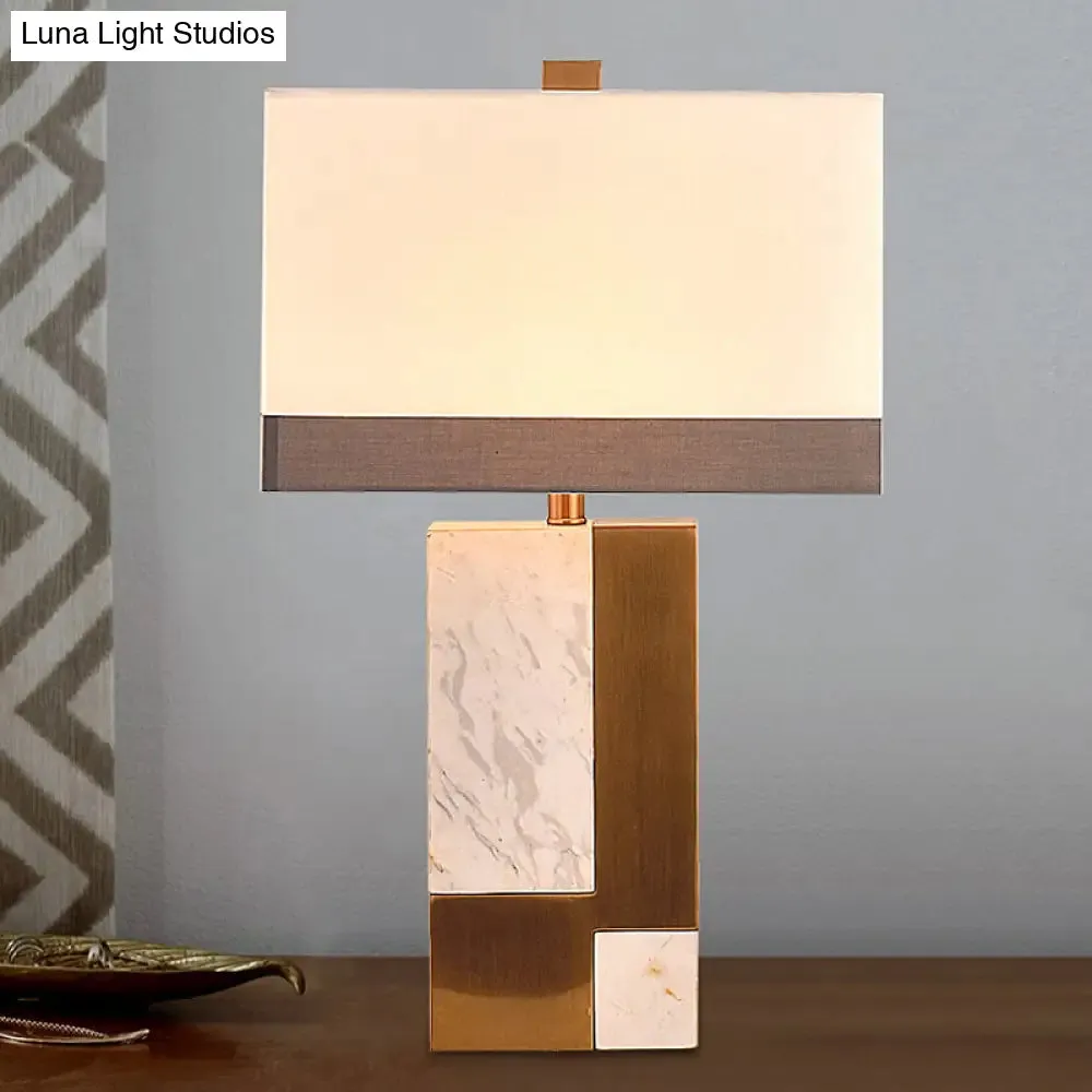 Modern White Night Table Lamp - Rectangle Fabric Shade, 1 Head Study Desk Light