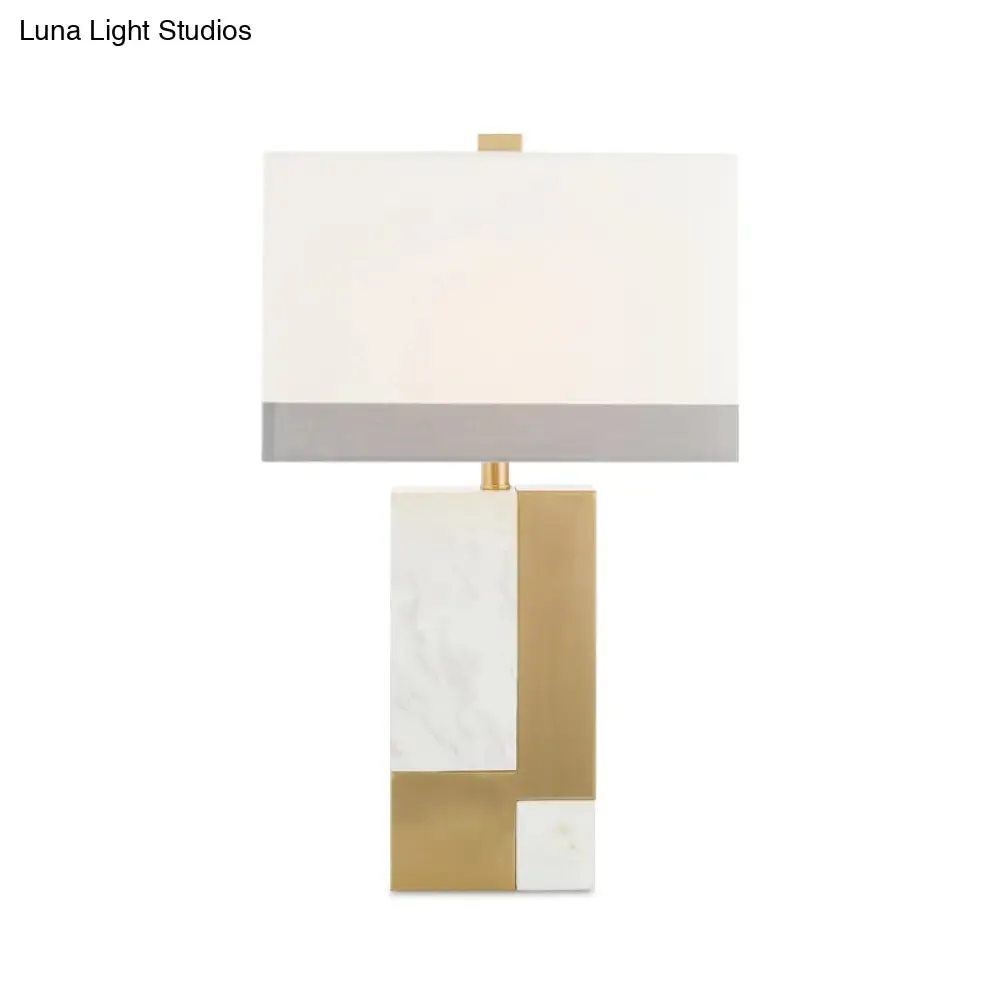 Modern White Night Table Lamp - Rectangle Fabric Shade, 1 Head Study Desk Light