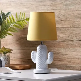 Nordic Style Ceramic Cactus Table Lamp - Single Head, White Desk Lighting with Yellow Fabric Shade