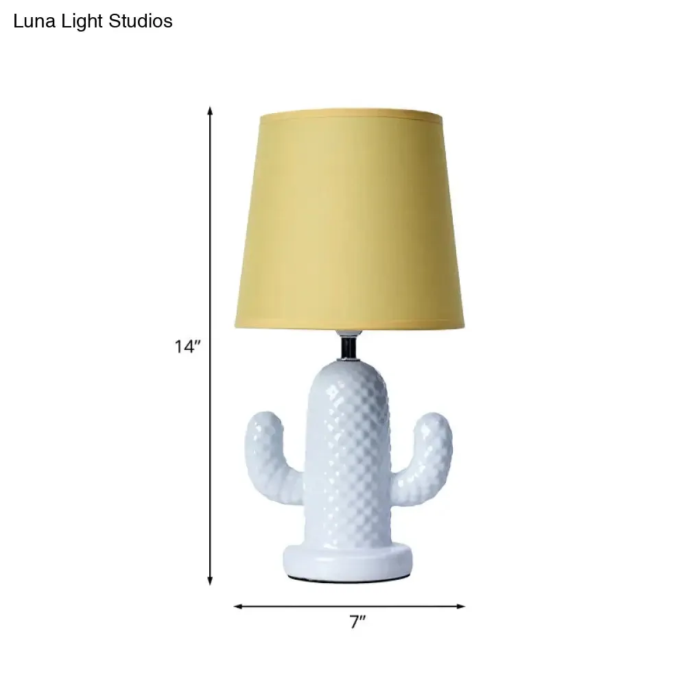 Nordic Style Ceramic Cactus Table Lamp - Single Head, White Desk Lighting with Yellow Fabric Shade