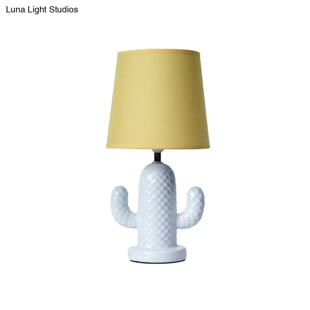 Nordic Style Ceramic Cactus Table Lamp - Single Head, White Desk Lighting with Yellow Fabric Shade