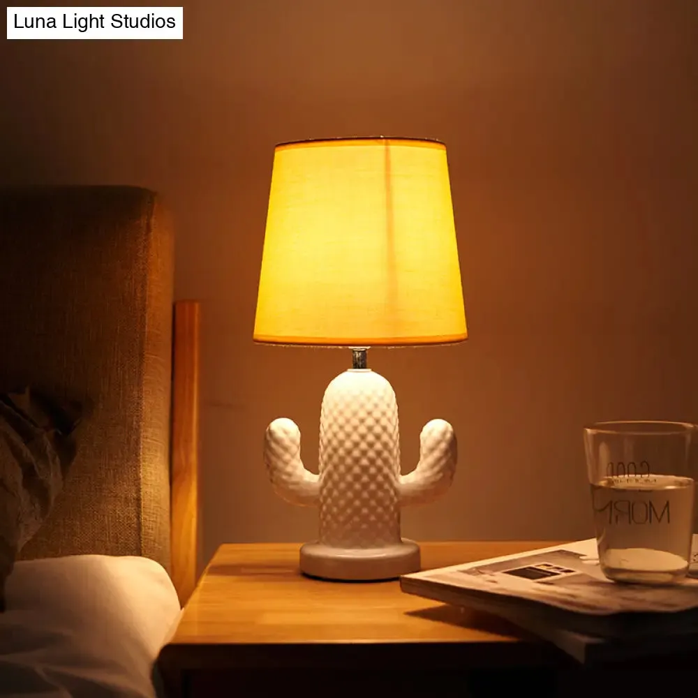 Nordic Style Ceramic Cactus Table Lamp - Single Head, White Desk Lighting with Yellow Fabric Shade