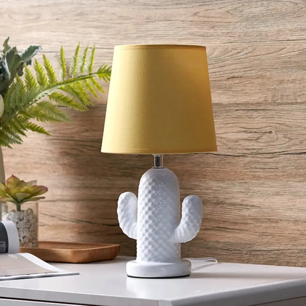 Nordic Style Ceramic Cactus Table Lamp - Single Head, White Desk Lighting with Yellow Fabric Shade