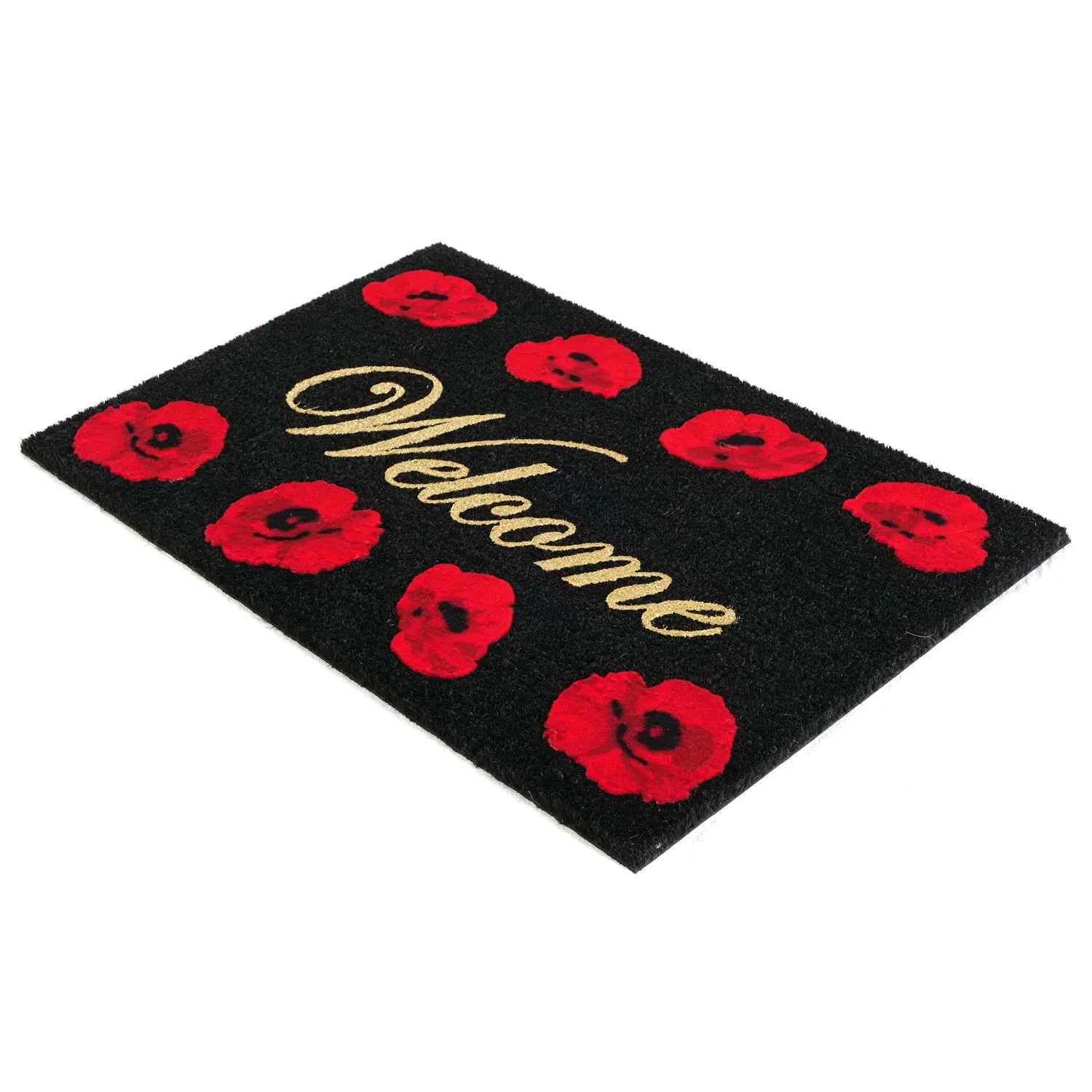 OnlyMat Gold Welcome Flocked with Poppy Flower on 23mm Thick Coir Door mat 60cm x 90cm