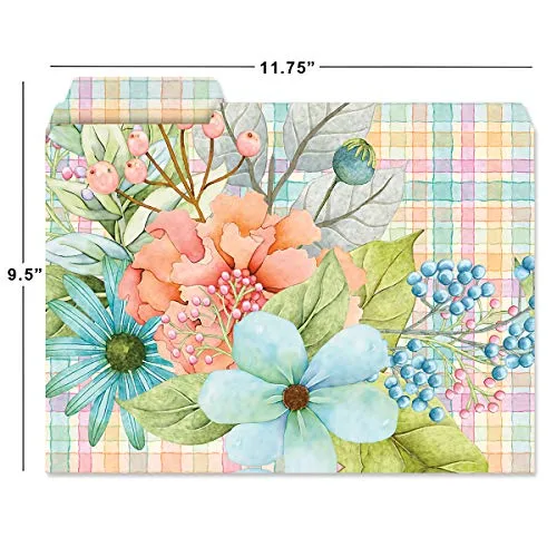 Plaids & Garden Flowers File Folders - Set of 12 (3 Designs) 1/3 Cut Staggered Tabs, Letter Size Designed Folders