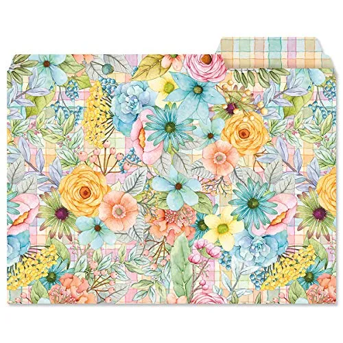 Plaids & Garden Flowers File Folders - Set of 12 (3 Designs) 1/3 Cut Staggered Tabs, Letter Size Designed Folders
