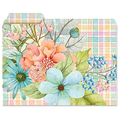 Plaids & Garden Flowers File Folders - Set of 12 (3 Designs) 1/3 Cut Staggered Tabs, Letter Size Designed Folders