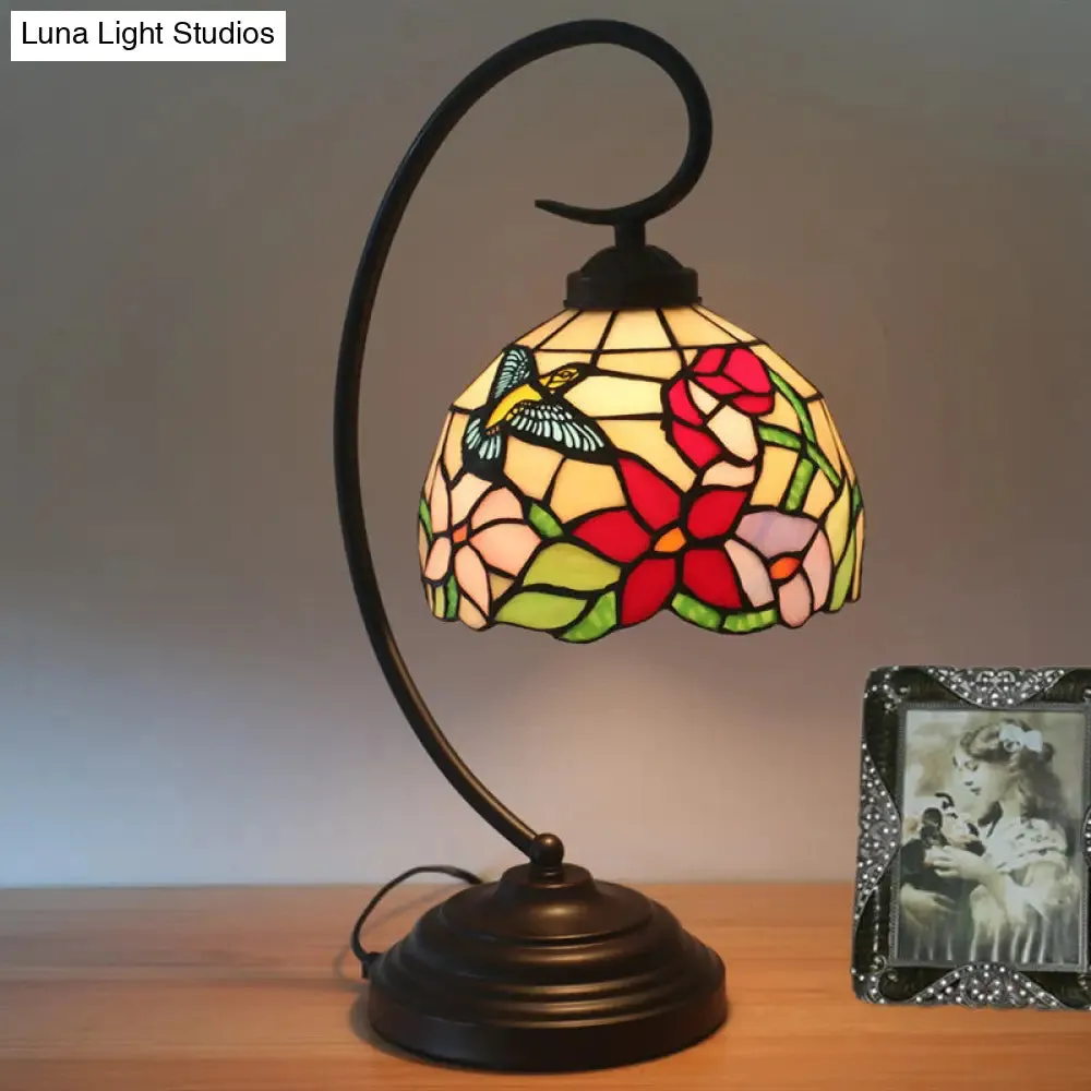 Red/Yellow Tiffany Style Hand Cut Glass Night Table Lamp with Blossom Pattern - Ideal Desk Lighting for Bedroom