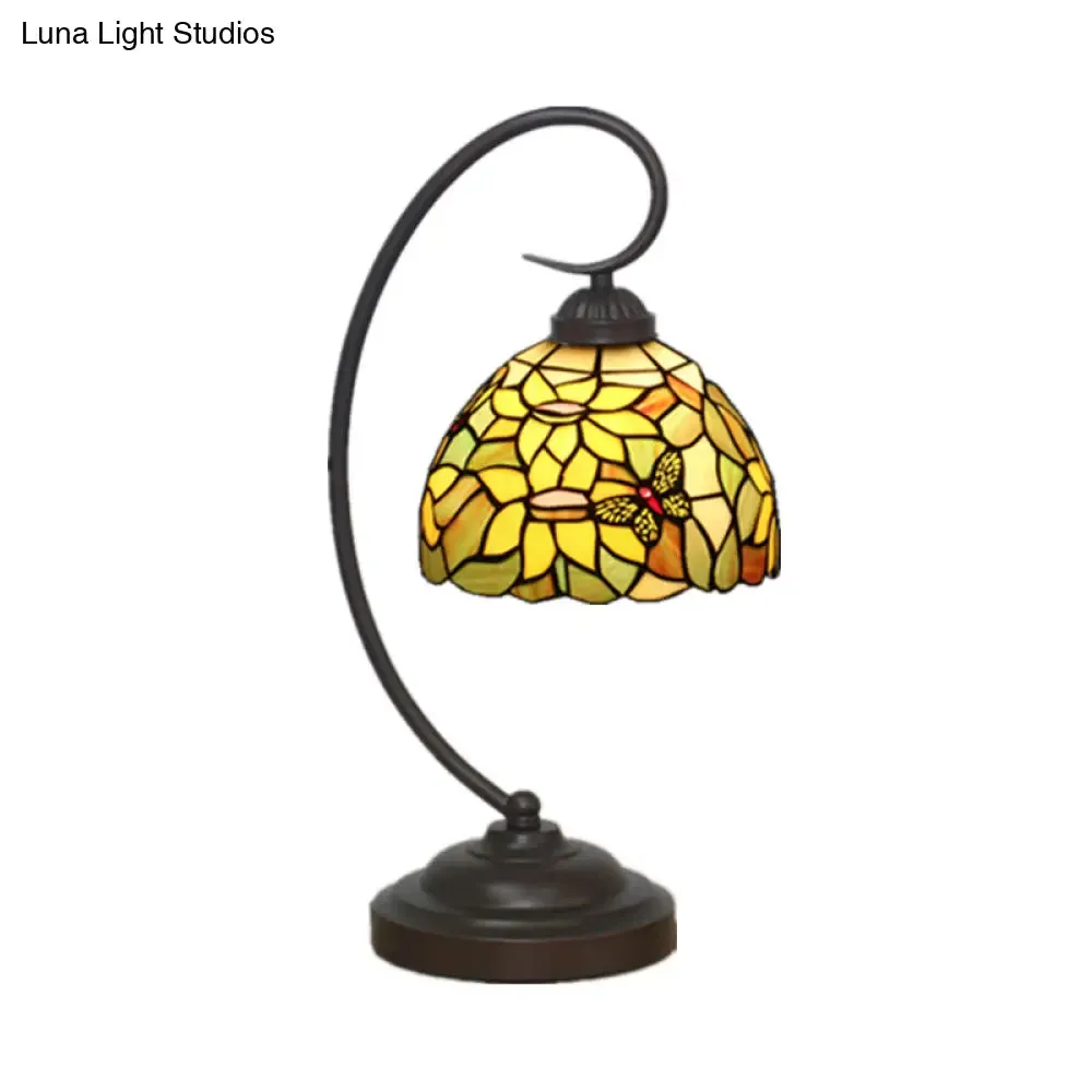 Red/Yellow Tiffany Style Hand Cut Glass Night Table Lamp with Blossom Pattern - Ideal Desk Lighting for Bedroom