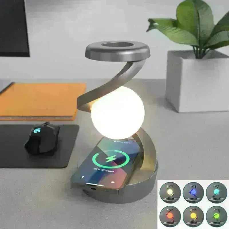 Rotating Moon Desk Night Light Wireless Phone Charging LED Night Light Decorative Desktop Night Lamp Motion Sensor Night Light