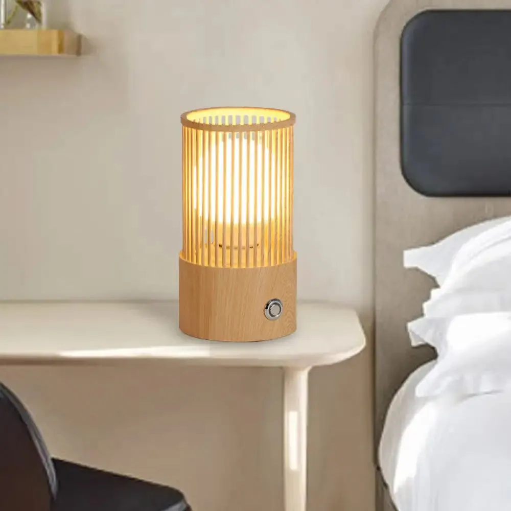 Sleek Beige Tubular Cage Desk Light: Minimalist Wood Table Lamp for Coffee Shops