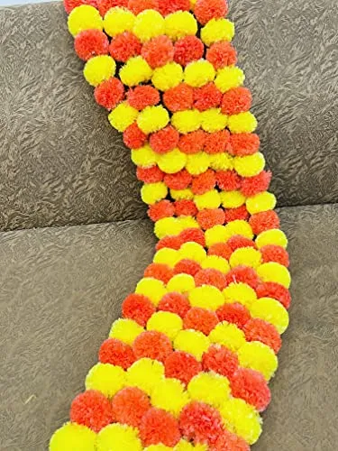 SPHINX Artificial Marigold Fluffy Flowers Garlands for Festive Pooja Wedding Housewarming Diwali Decorations Festival Events Home Table Bedroom Pooja Room (Yellow and dark orange,Approx. 4.5 to 4.9 ft- 5 Pieces)