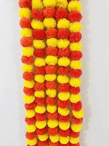 SPHINX Artificial Marigold Fluffy Flowers Garlands for Festive Pooja Wedding Housewarming Diwali Decorations Festival Events Home Table Bedroom Pooja Room (Yellow and dark orange,Approx. 4.5 to 4.9 ft- 5 Pieces)