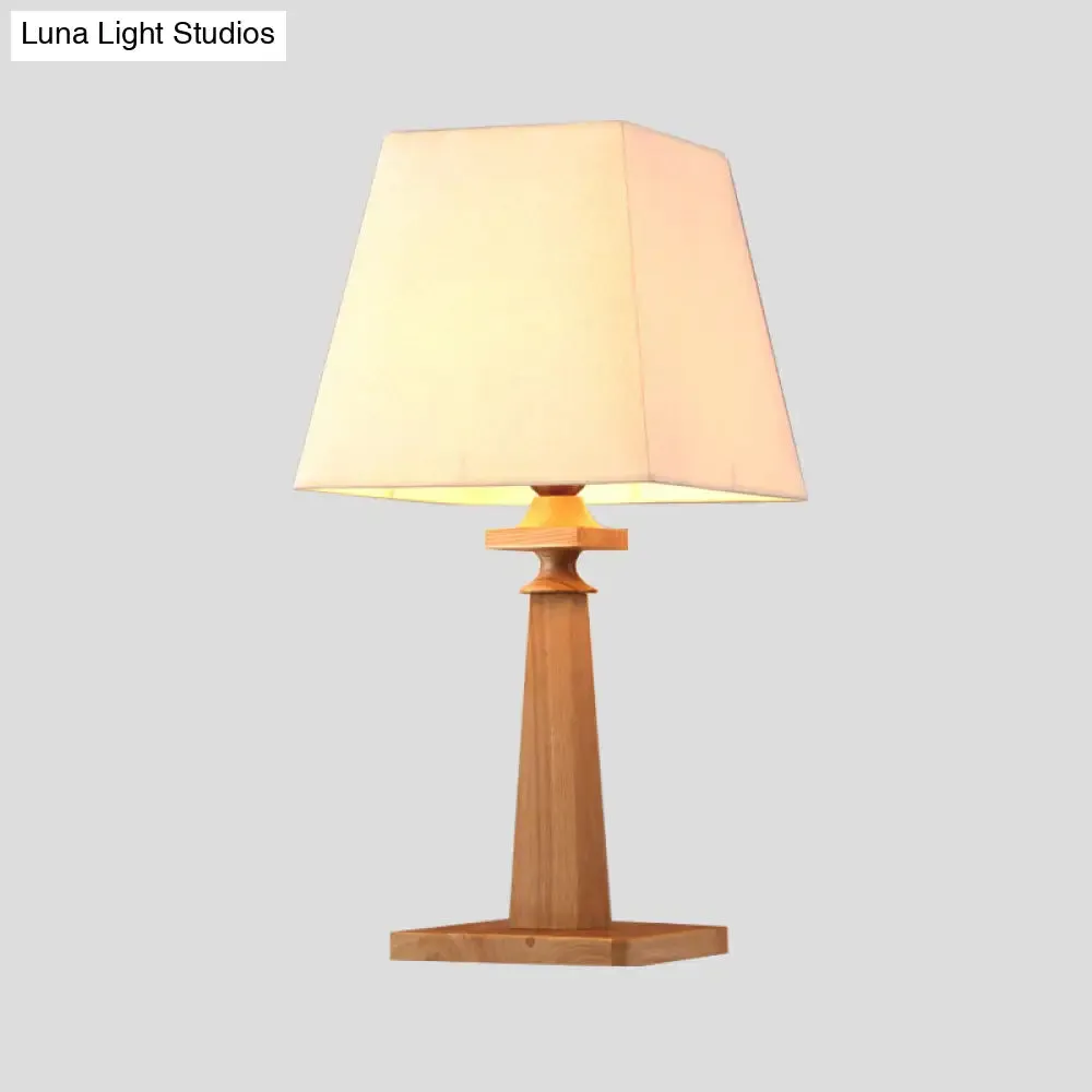 Stylish Trapezoid Desk Lamp for Study Room or Office - Wood Base, Light Fabric, 1-Bulb