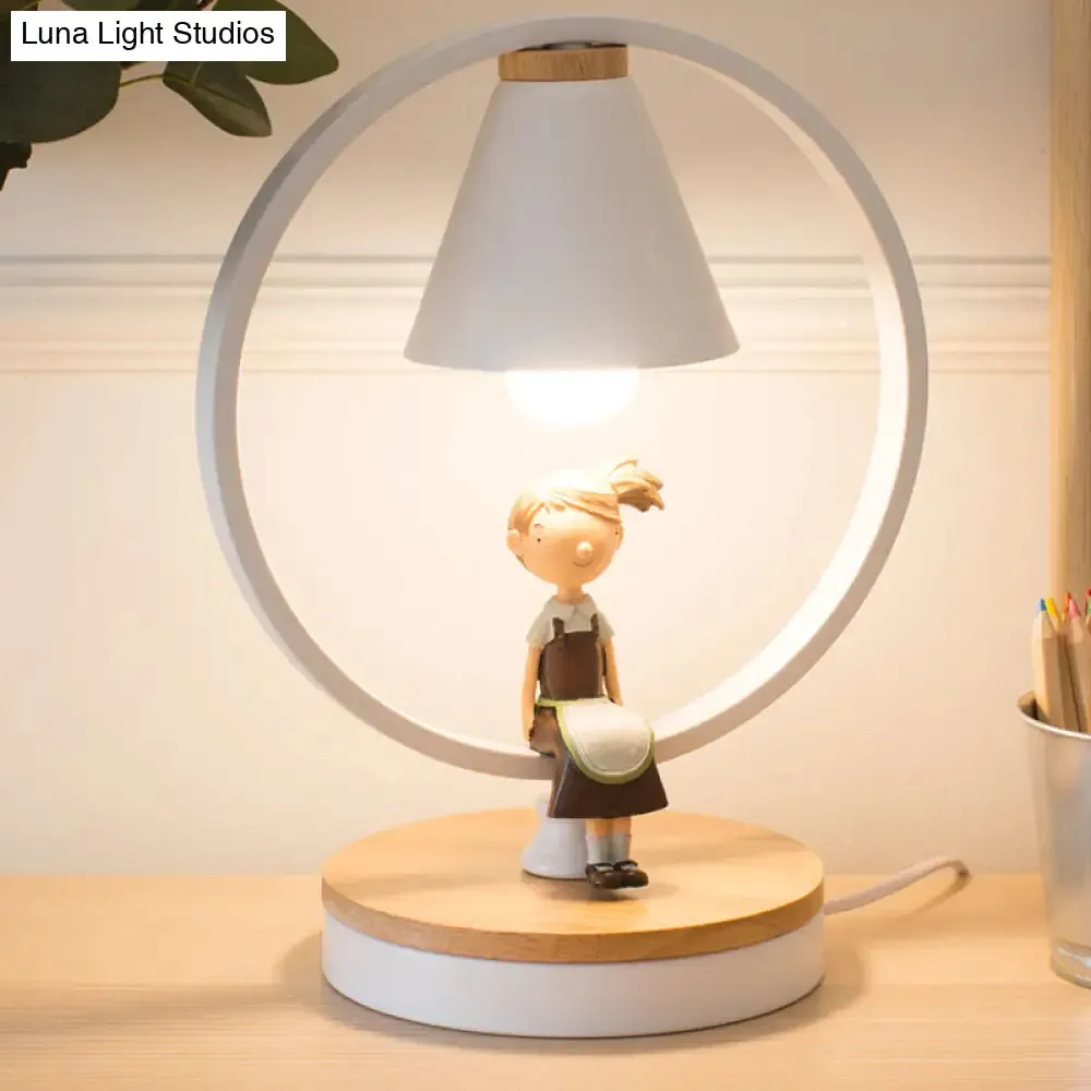 Stylish White Table Light for Kids Bedroom with Gilded Modern Resin Deco – 1-Head Conical Desk Lamp