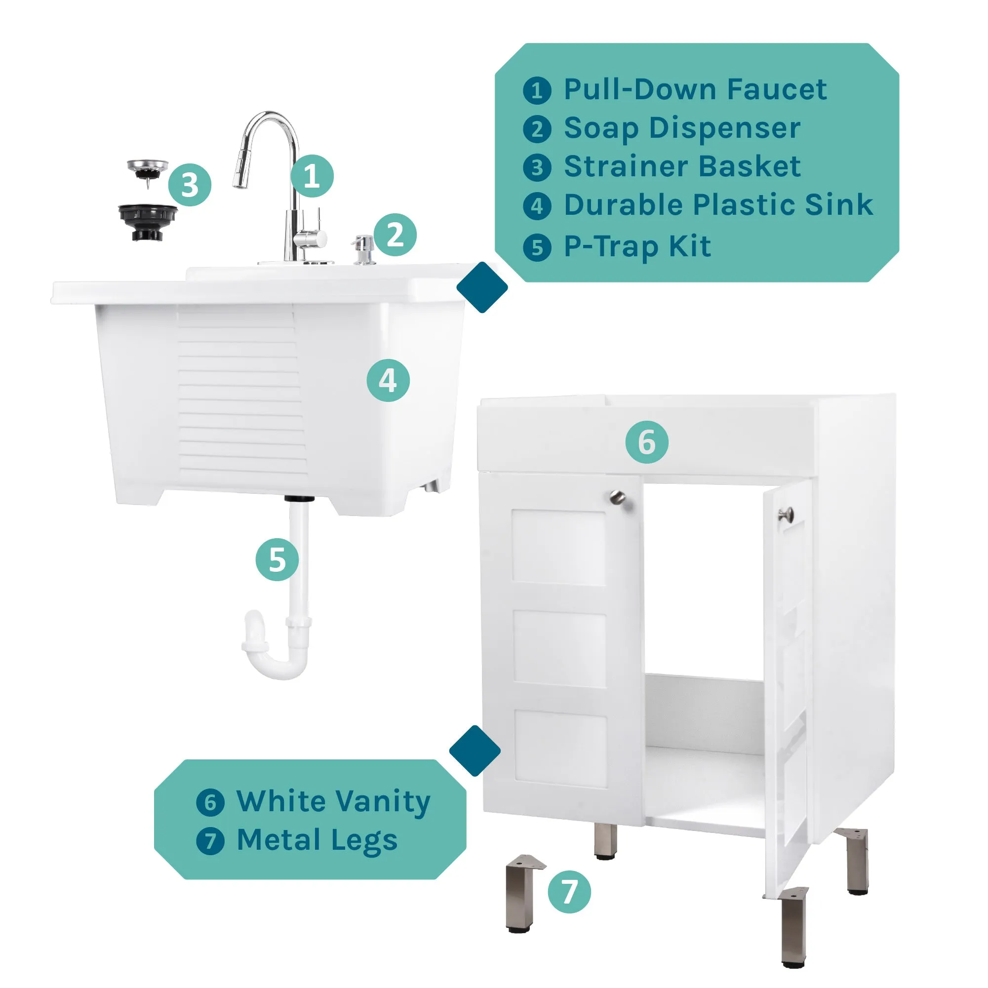 Tehila White Vanity Cabinet and White Utility Sink with Chrome Finish High-Arc Pull-Down Faucet