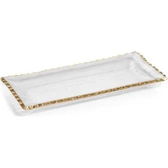 Textured Rectangular Tray w/ Jagged Gold Rim-14.5",