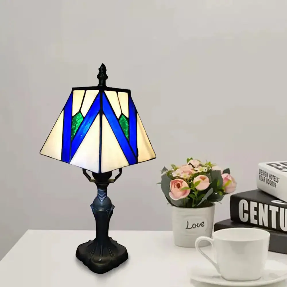 Tiffany Art Glass Desk Light: 1-Light Craftsman Reading Lamp in Blue/White for Bedroom Decor