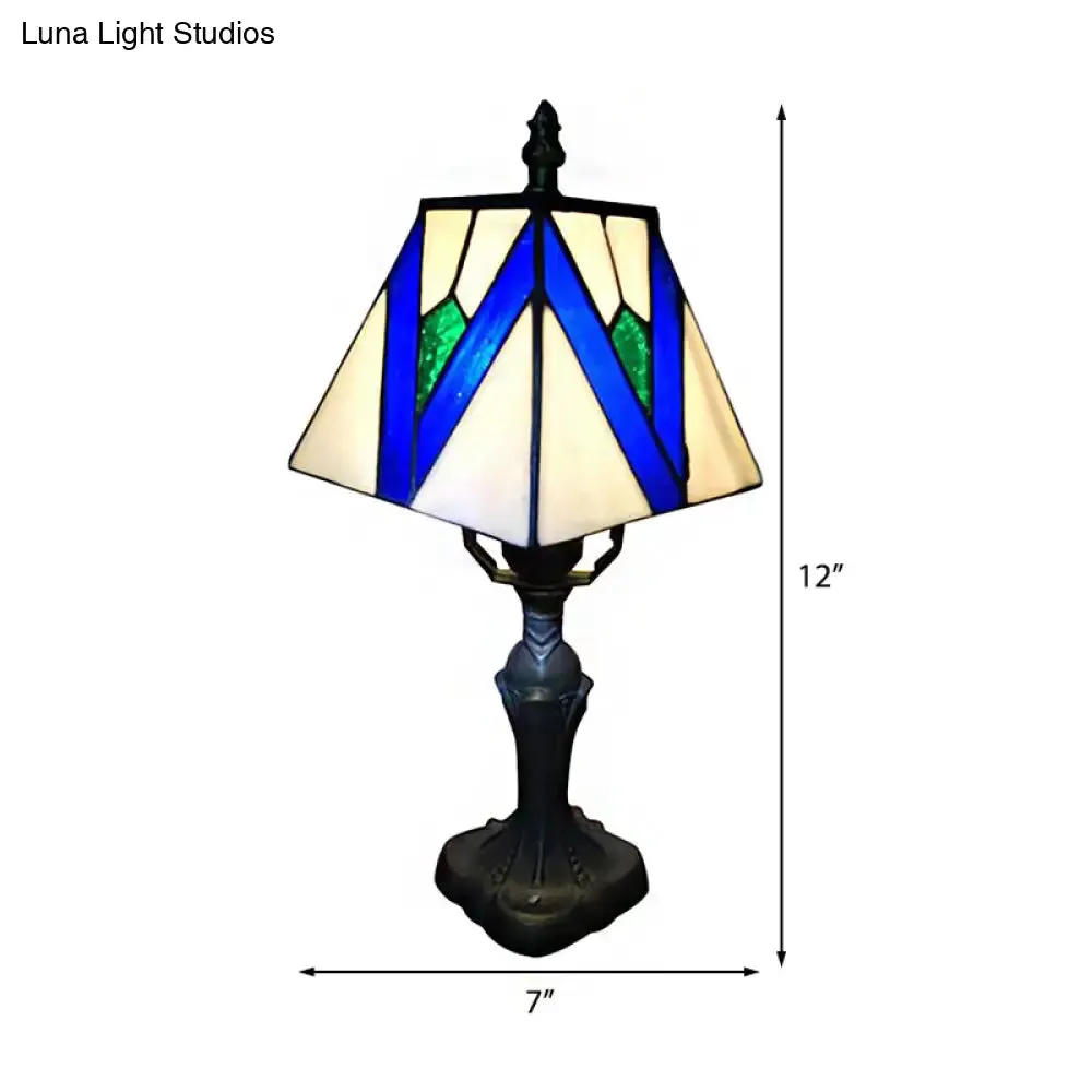 Tiffany Art Glass Desk Light: 1-Light Craftsman Reading Lamp in Blue/White for Bedroom Decor