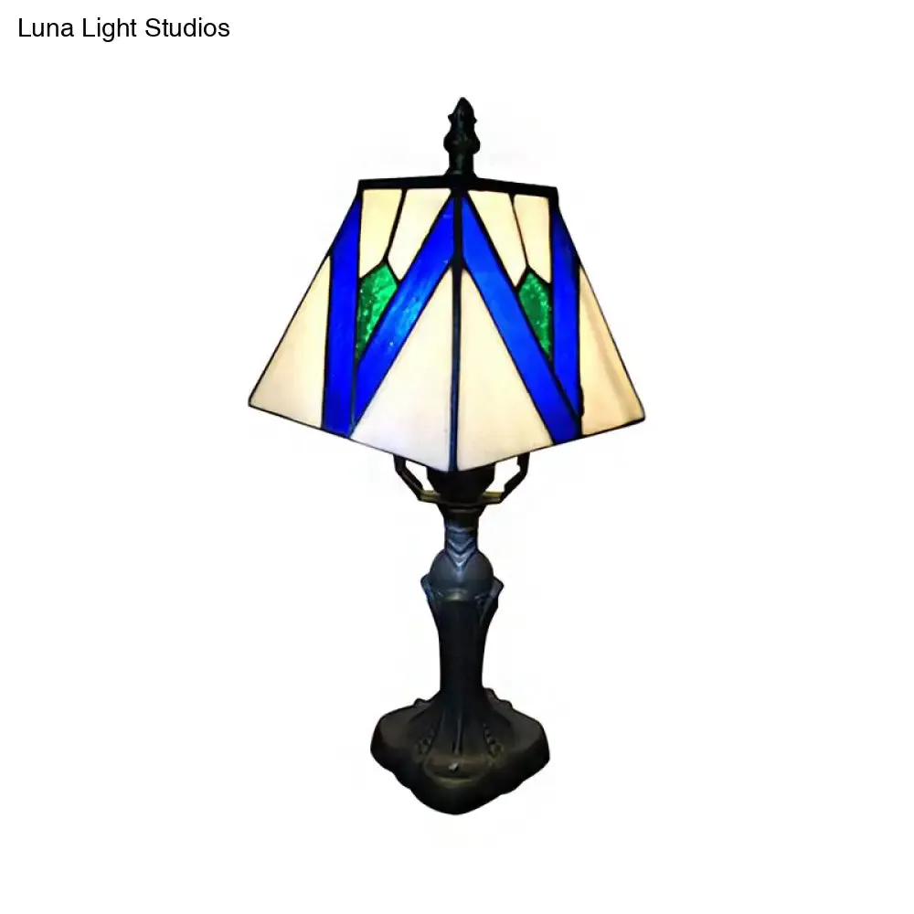 Tiffany Art Glass Desk Light: 1-Light Craftsman Reading Lamp in Blue/White for Bedroom Decor