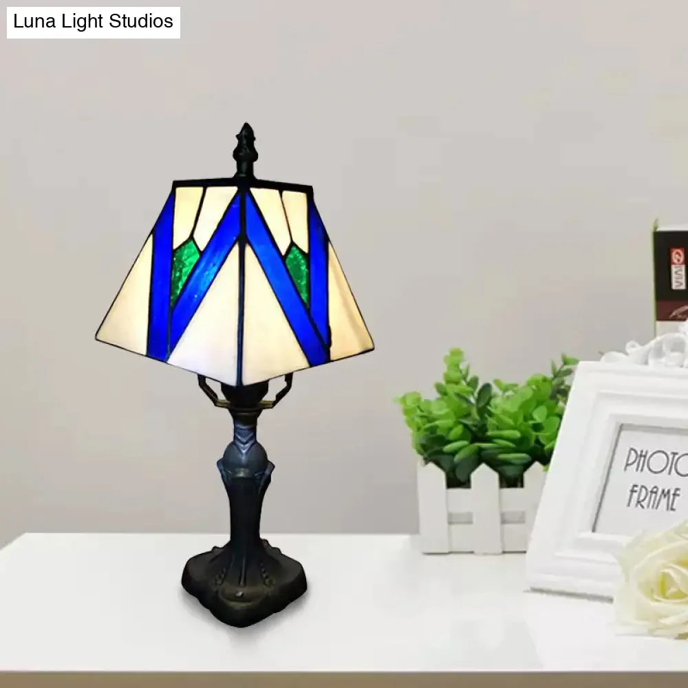 Tiffany Art Glass Desk Light: 1-Light Craftsman Reading Lamp in Blue/White for Bedroom Decor