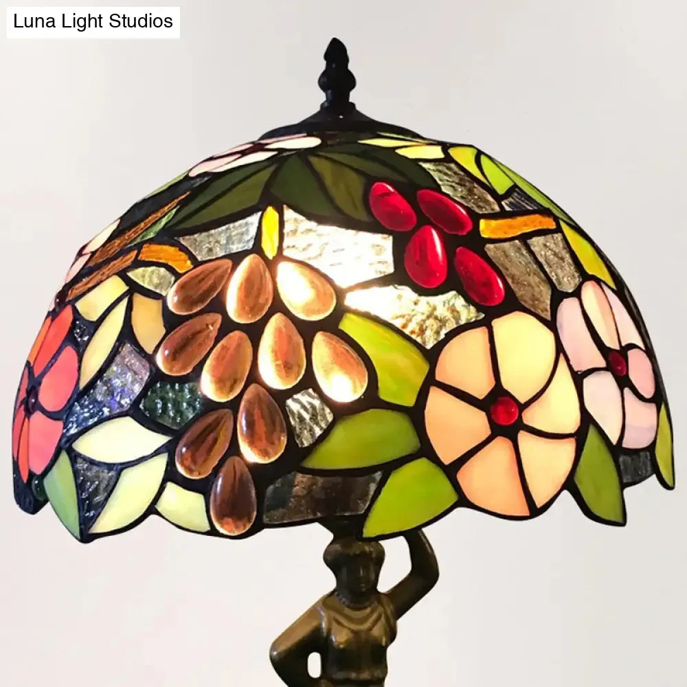 Tiffany Stained Glass Desk Lamp with Bird/Grape/Flower Pattern and Working Women Base - Ideal for Bedroom