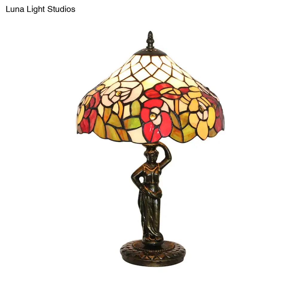 Tiffany Stained Glass Desk Lamp with Bird/Grape/Flower Pattern and Working Women Base - Ideal for Bedroom