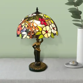Tiffany Stained Glass Desk Lamp with Bird/Grape/Flower Pattern and Working Women Base - Ideal for Bedroom