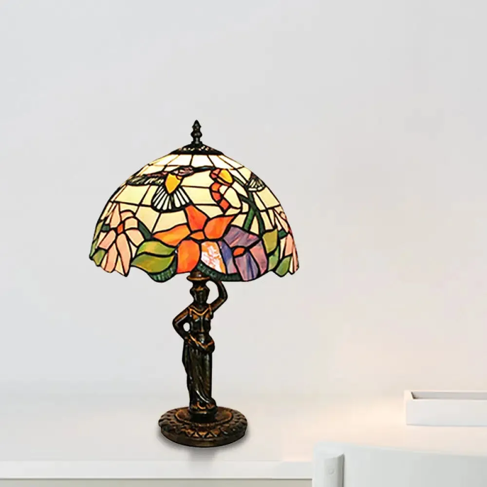 Tiffany Stained Glass Desk Lamp with Bird/Grape/Flower Pattern and Working Women Base - Ideal for Bedroom
