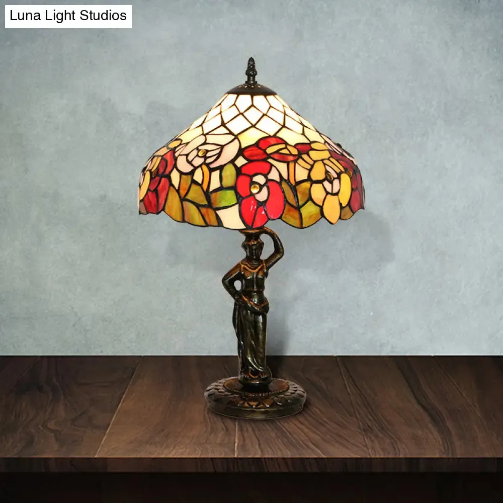 Tiffany Stained Glass Desk Lamp with Bird/Grape/Flower Pattern and Working Women Base - Ideal for Bedroom
