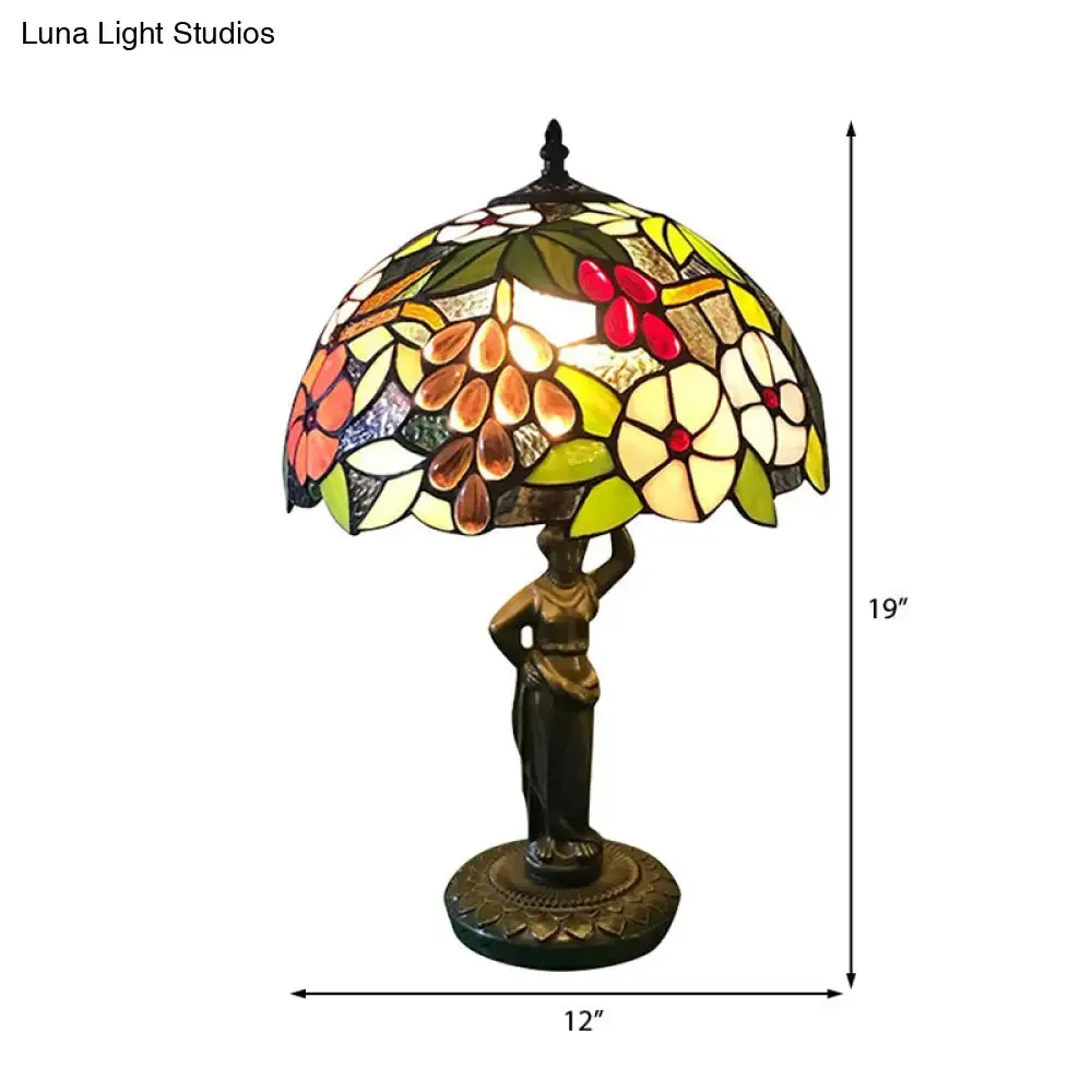 Tiffany Stained Glass Desk Lamp with Bird/Grape/Flower Pattern and Working Women Base - Ideal for Bedroom