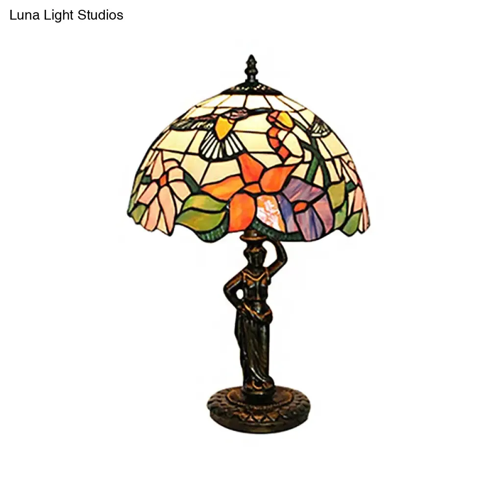 Tiffany Stained Glass Desk Lamp with Bird/Grape/Flower Pattern and Working Women Base - Ideal for Bedroom