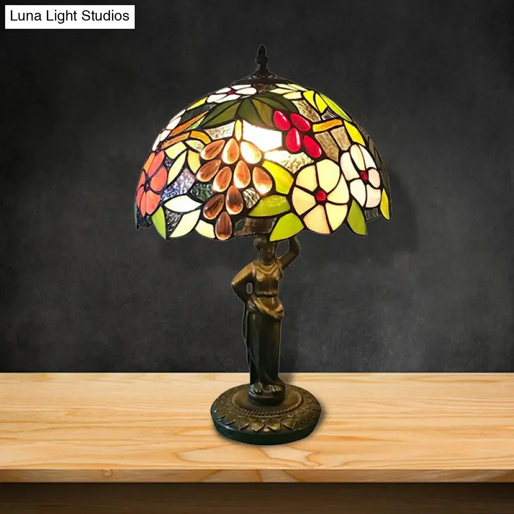Tiffany Stained Glass Desk Lamp with Bird/Grape/Flower Pattern and Working Women Base - Ideal for Bedroom