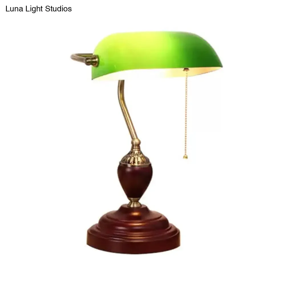 Traditional Rollover Shade Banker Lamp - 1 Light Green/Red/White Glass Desk Lamp with Pull Chain for Bedroom