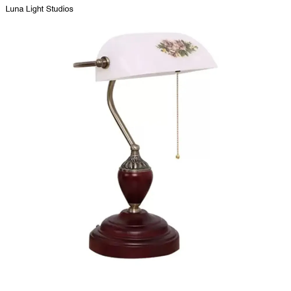 Traditional Rollover Shade Banker Lamp - 1 Light Green/Red/White Glass Desk Lamp with Pull Chain for Bedroom