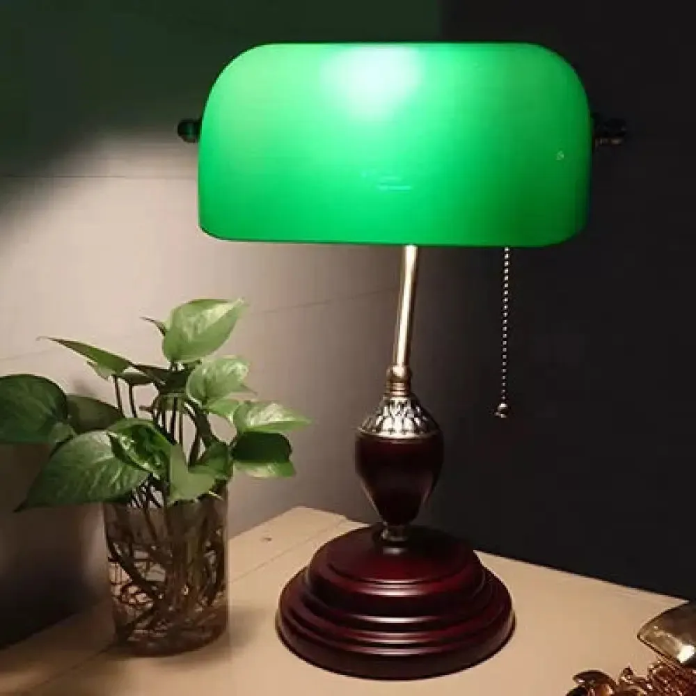Traditional Rollover Shade Banker Lamp - 1 Light Green/Red/White Glass Desk Lamp with Pull Chain for Bedroom