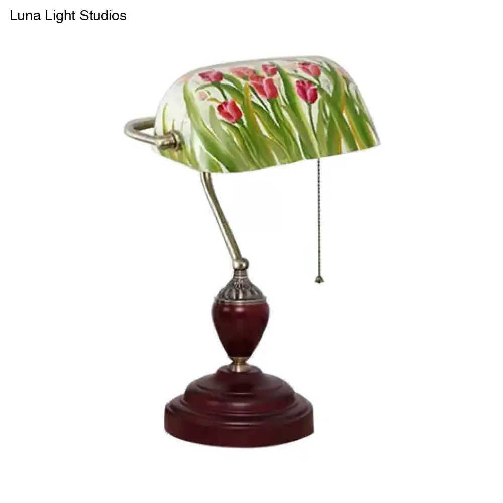 Traditional Rollover Shade Banker Lamp - 1 Light Green/Red/White Glass Desk Lamp with Pull Chain for Bedroom