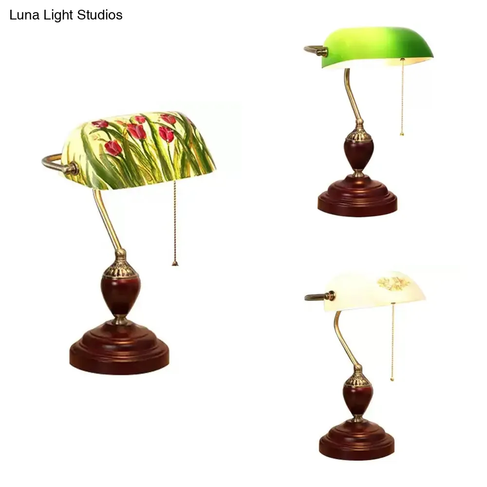 Traditional Rollover Shade Banker Lamp - 1 Light Green/Red/White Glass Desk Lamp with Pull Chain for Bedroom