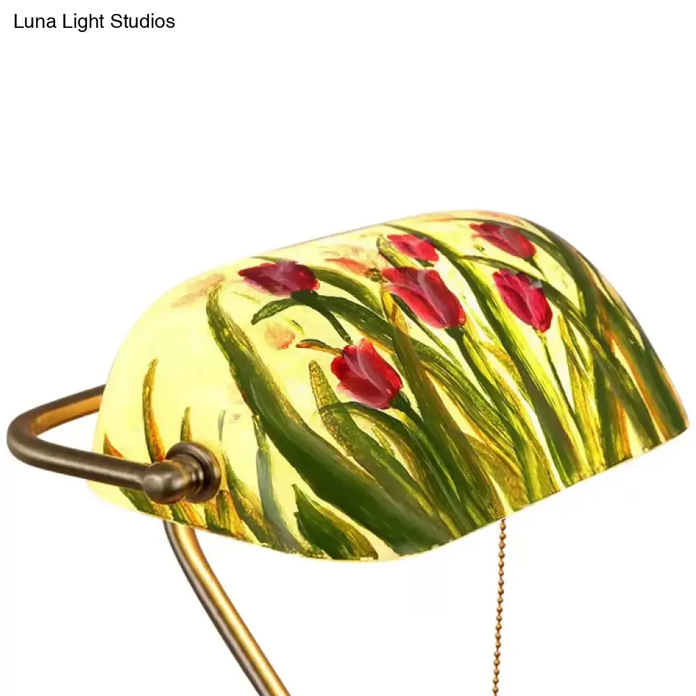 Traditional Rollover Shade Banker Lamp - 1 Light Green/Red/White Glass Desk Lamp with Pull Chain for Bedroom