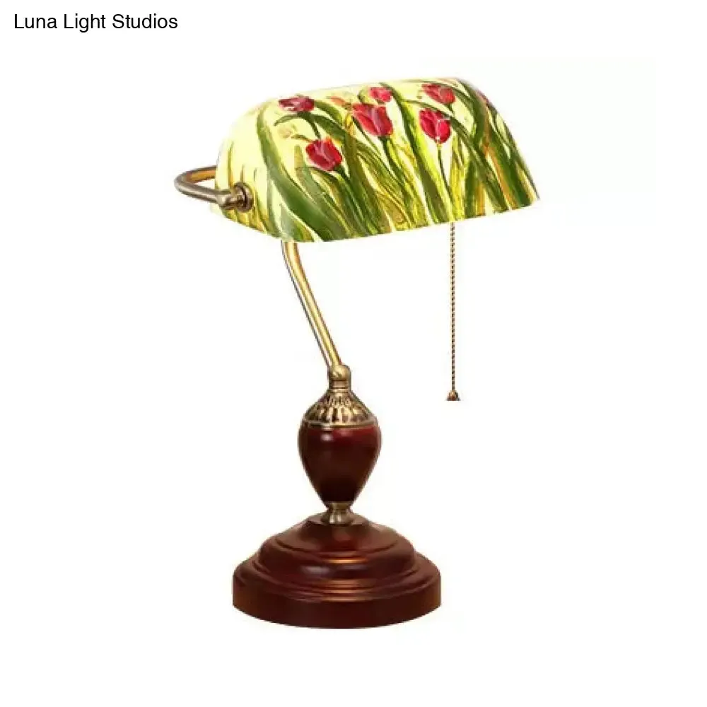 Traditional Rollover Shade Banker Lamp - 1 Light Green/Red/White Glass Desk Lamp with Pull Chain for Bedroom