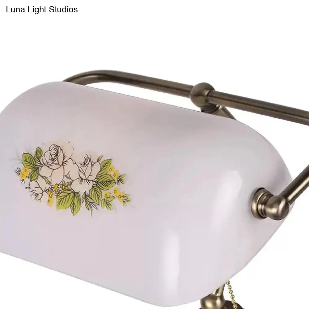 Traditional Rollover Shade Banker Lamp - 1 Light Green/Red/White Glass Desk Lamp with Pull Chain for Bedroom