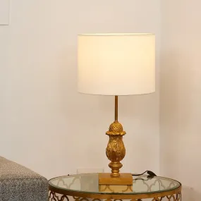 Traditional Style Wooden Desk Lamp with Gold Carvings, Fabric Shade - Guest Room Nightstand Light