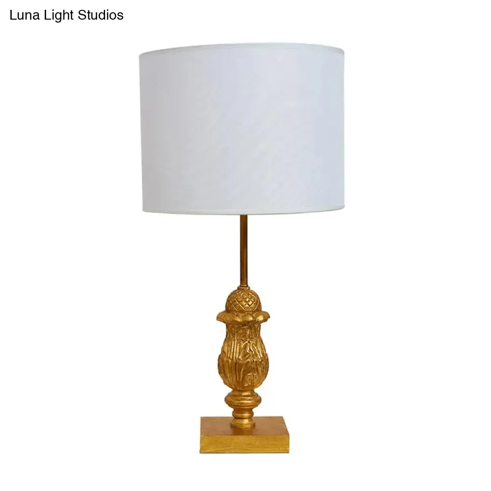 Traditional Style Wooden Desk Lamp with Gold Carvings, Fabric Shade - Guest Room Nightstand Light