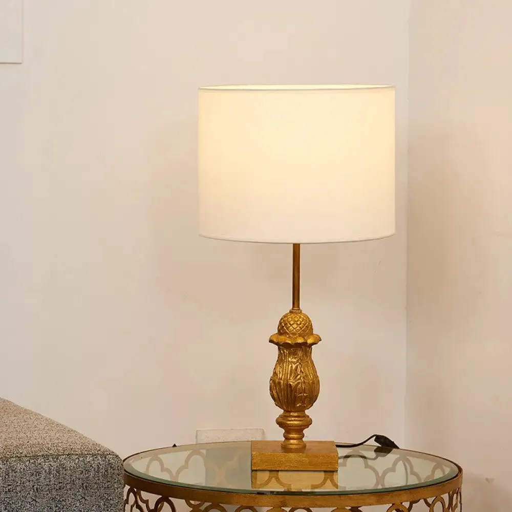 Traditional Style Wooden Desk Lamp with Gold Carvings, Fabric Shade - Guest Room Nightstand Light