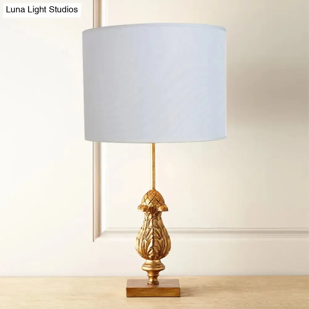 Traditional Style Wooden Desk Lamp with Gold Carvings, Fabric Shade - Guest Room Nightstand Light